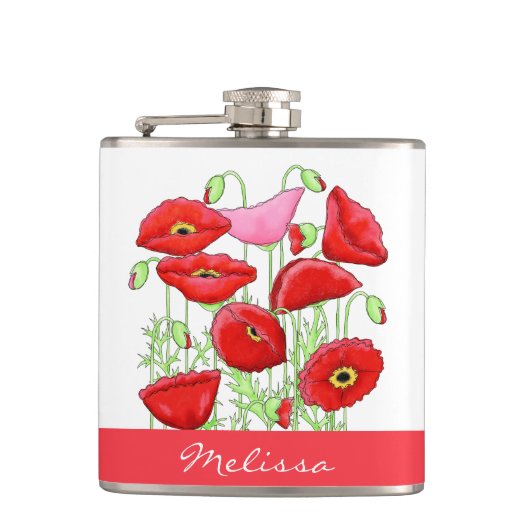 Red Pink Poppies Art Aangepaste naam Heupfles (Voorkant)