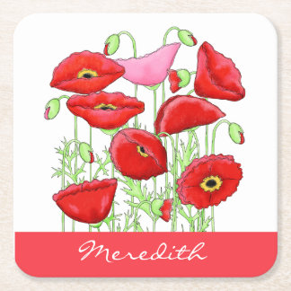 Red Pink Poppies Art Aangepaste naam Kartonnen Onderzetters