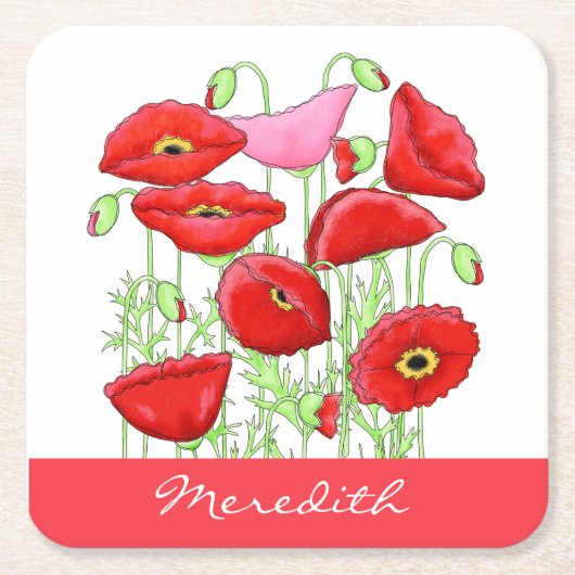 Red Pink Poppies Art Aangepaste naam Kartonnen Onderzetters (Voorkant)