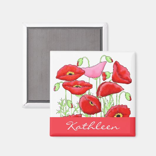 Red Pink Poppies Art Aangepaste naam Magneet (Voorkant / Achterkant)