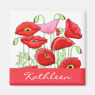 Red Pink Poppies Art Aangepaste naam Magneet