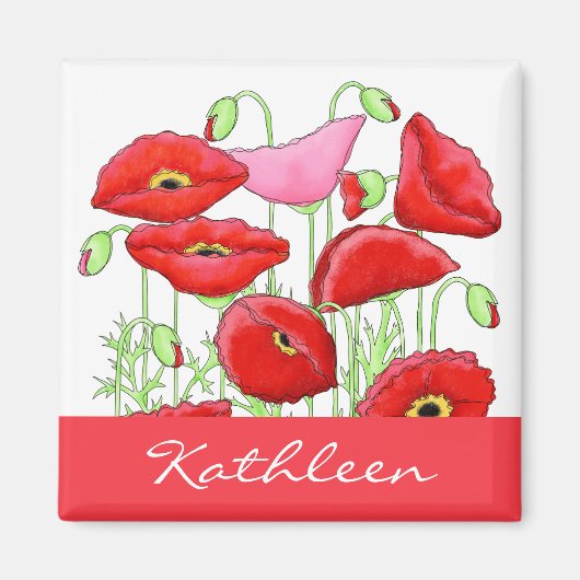 Red Pink Poppies Art Aangepaste naam Magneet (Voorkant)