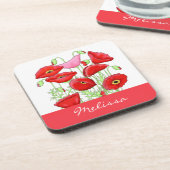 Red Pink Poppies Art Aangepaste naam Onderzetter (Linkerzijde)