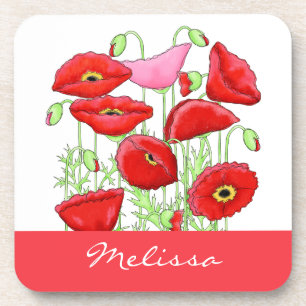 Red Pink Poppies Art Aangepaste naam Onderzetter