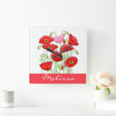 Red Pink Poppies Art Aangepaste naam Vierkante Klok (Huis)