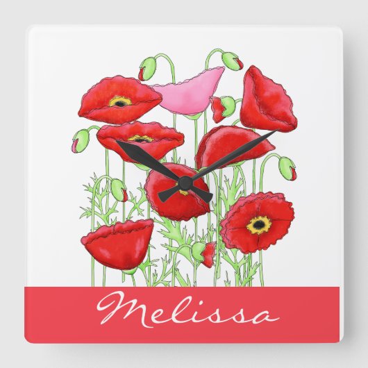 Red Pink Poppies Art Aangepaste naam Vierkante Klok (Voorkant)