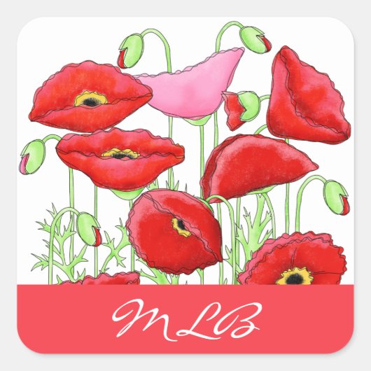Red Pink Poppies Art Aangepaste naam Vierkante Sticker (Voorkant)