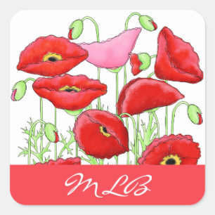 Red Pink Poppies Art Aangepaste naam Vierkante Sticker