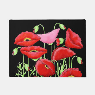 Red Pink Poppies Art Custom Decorative Black Deurmat