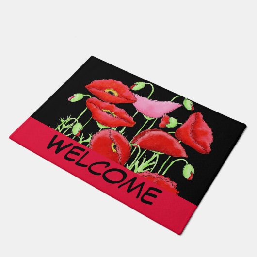 Red Pink Poppies Art Decorative Black Welkom Deurmat (Schuin)