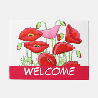 Red Pink Poppies Art Decorative White Welkom Deurmat