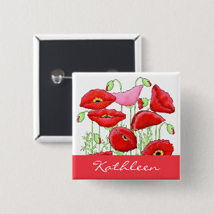 Red Pink Poppies Art Eigen naamplaatje Vierkante Button 5,1 Cm