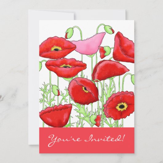 Red Pink Poppies Flowers Art Aangepaste uitnodigin Kaart (Voorkant)