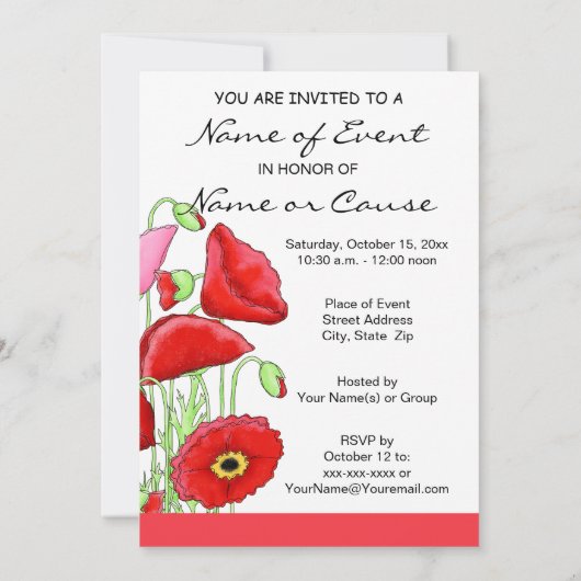 Red Pink Poppies Flowers Art Aangepaste uitnodigin Kaart (Achterkant)