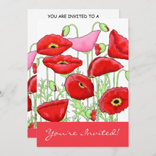 Red Pink Poppies Flowers Art Aangepaste uitnodigin Kaart (Voorkant / Achterkant)