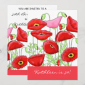 Red Pink Poppy Flowers 50th Birthday Party Invite Kaart (Voorkant / Achterkant)