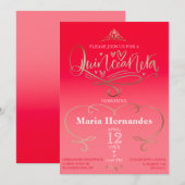 Red Pink Quinceañera Uitnodiging Sjabloon (Voorkant / Achterkant)