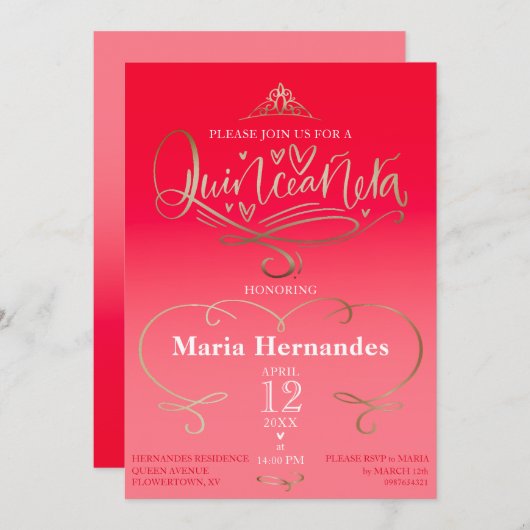 Red Pink Quinceañera Uitnodiging Sjabloon (Voorkant / Achterkant)