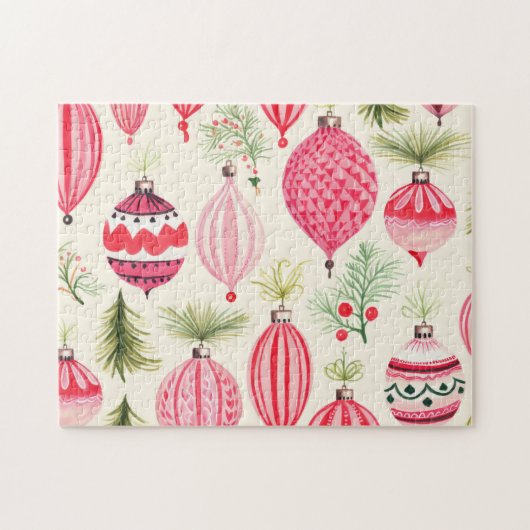 Red Pink Retro Ornaments Christmas Legpuzzel (Horizontaal)