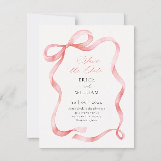 Red pink ribbon bow  save the date (Voorkant)
