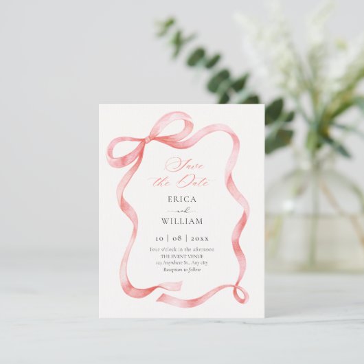 Red pink ribbon bow  save the date (Staand voorkant)