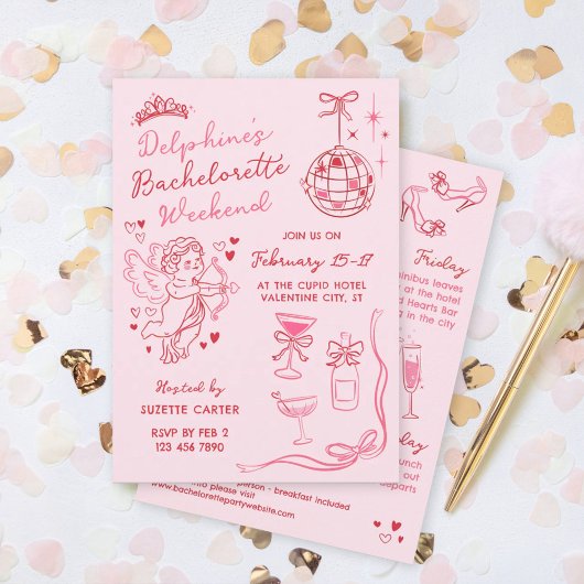 Red Pink Romantic Cupid Bachelorette Weekend Kaart