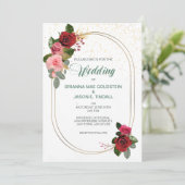 Red Pink Rose Double Lijst Wedding Invitation Kaart (Staand voorkant)