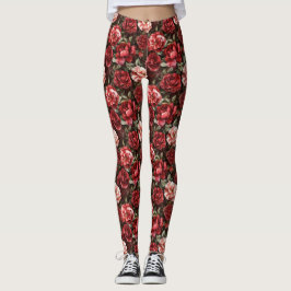 Red Pink Rose Flowers Leggings