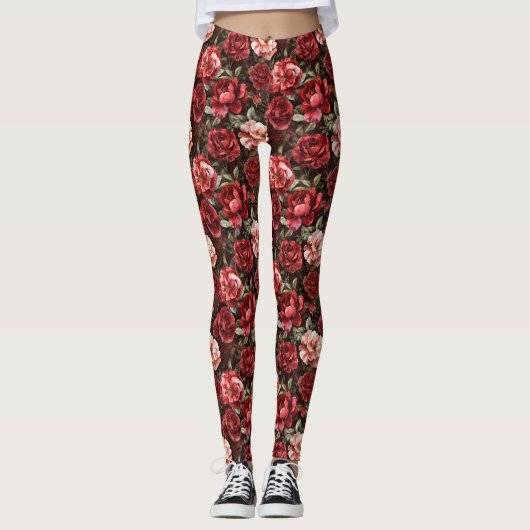 Red Pink Rose Flowers Leggings (Voorkant)