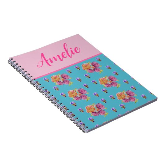Red Pink Rose Shabby Chic Blauwgroen Aqua Floral F Notitieboek (Rechterzijde)