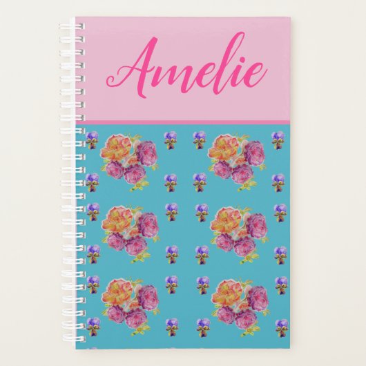 Red Pink Rose Shabby Chic Blauwgroen Aqua Floral F Planner (Voorkant)