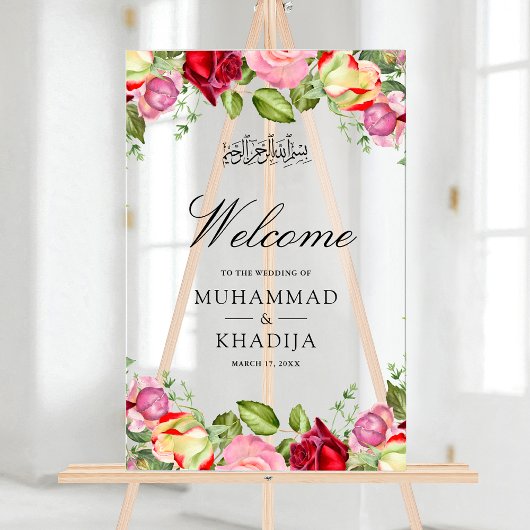 Red Pink Roses Floral Muslim Wedding Welcome Acryl Bord