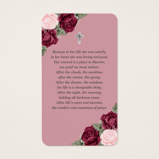 Red Pink Silver Floral Funeral Prayer Kaart (Achterkant)