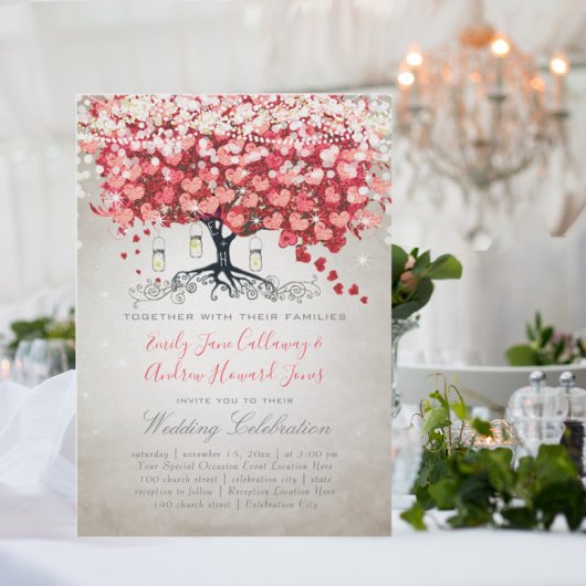 Red Pink Silver Woodsy Heart Leaf Wedding Kaart