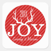 Red Pink Stripe Deer Antlers Joy Holiday Kerstmis Vierkante Sticker (Voorkant)