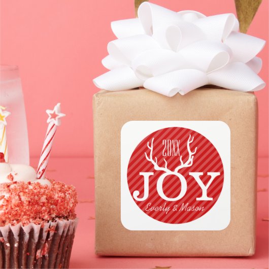 Red Pink Stripe Deer Antlers Joy Holiday Kerstmis Vierkante Sticker (Feest)