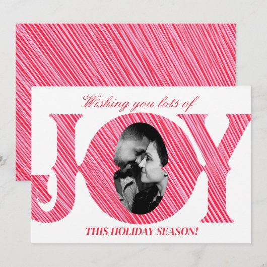 Red & Pink Stripe Holiday JOY Photo Christmas Card Kaart (Voorkant / Achterkant)