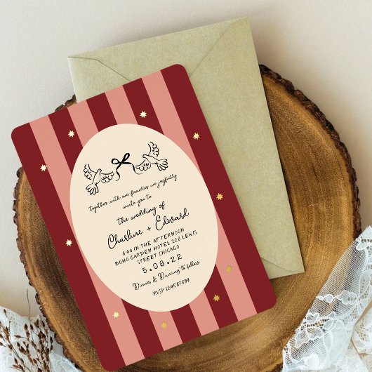 Red Pink Striped Gold Star Wedding  Folie Uitnodiging