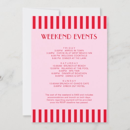 Red & Pink Stripes Bachelorette Weekendprogramma Kaart (Achterkant)