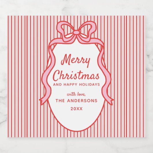 Red Pink Stripes & Bow Frame Christmas Bier Etiket (Enkel label)