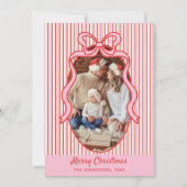 Red Pink Stripes & Bow Frame Christmas Photo Feestdagenkaart (Voorkant)