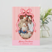 Red Pink Stripes & Bow Frame Christmas Photo Feestdagenkaart (Staand voorkant)