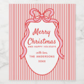 Red Pink Stripes & Bow Frame Christmas Wijn Etiket (Enkel label)