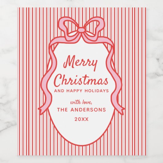 Red Pink Stripes & Bow Frame Christmas Wijn Etiket (Enkel label)