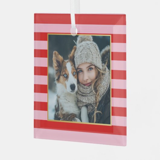 Red Pink Stripes Christmas Photo Glas Ornament (Voorkant links)