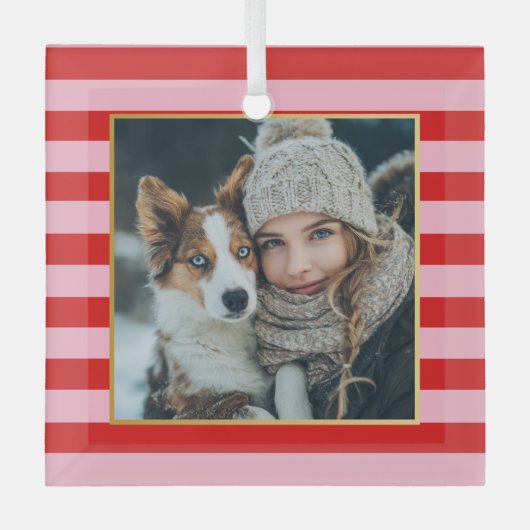 Red Pink Stripes Christmas Photo Glas Ornament (Voorkant)