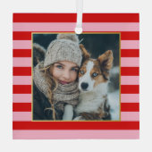 Red Pink Stripes Christmas Photo Glas Ornament (Achterkant)
