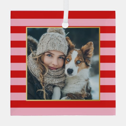 Red Pink Stripes Christmas Photo Glas Ornament (Achterkant)