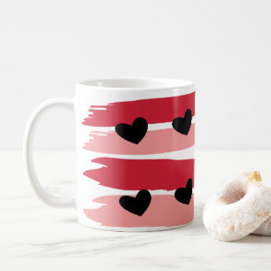 Red Pink Stripes Pattern Black Hearts Koffiemok