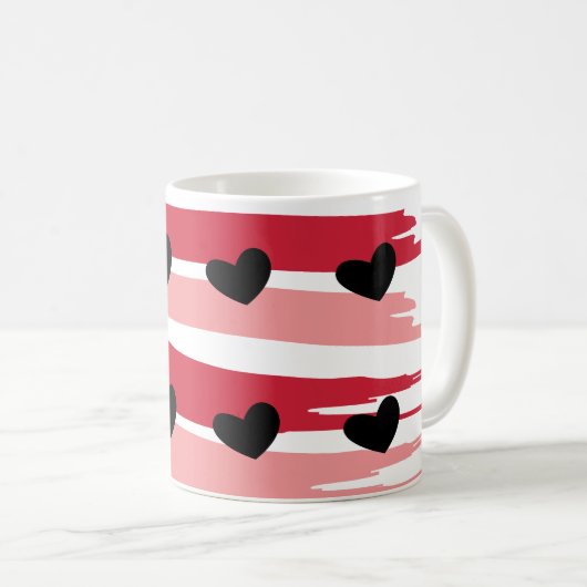 Red Pink Stripes Pattern Black Hearts Koffiemok (Voorkant rechts)